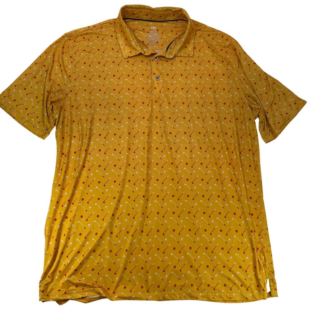 Performance Polo Golf Shirt 2XL Men Gold All Over Club Print Yellow Red